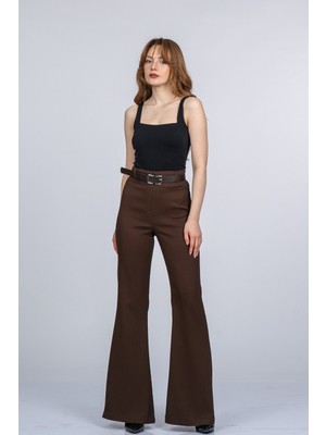 MissVina Elegant Ispanyol Paça Kadın Pantolon - Yüksek Bel Kemerli Likralı Fitilli Krep Kumaş