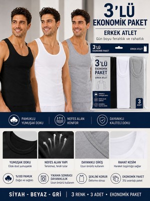 Qulat Erkek Atlet 3’lü Paket Siyah Beyaz Gri Pamuklu Basic Atlet Ekonomik Paket Rahat Kesim Atlet Seti