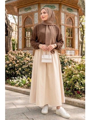 İlkimay.com Cepli Beli Lastikli Poplin Etek 1727 - Bej