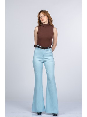MissVina Elegant Ispanyol Paça Kadın Pantolon - Yüksek Bel Kemerli Likralı Fitilli Krep Kumaş