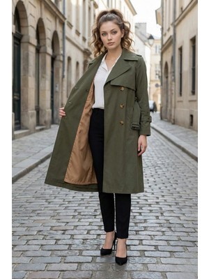  Pastelastore %100 Pamuk Gabardin Uzun (110CM) Astarlı Kemerli Kadın Trençkot 1111
