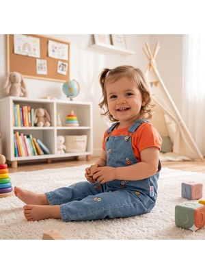 GENYBABY Kız Bebek Kot Salopet Takım Çiçek Nakışlı Askılı Tulum ve Tişört 2’li Kombin