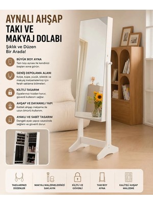 Myplas Modern Tasarımlı Aynalı Kitlenebilir Ahşap Takı ve Makyaj Dolabı Ayaklı Boy Aynası Beyaz 160X37