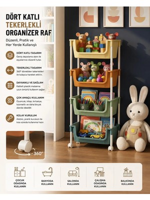 Myplas 4 Katlı Tekerlekli Organizer Raf Modern Portratif Kiler Düzenleyici Sepet,mutfak Rafı,oyuncak Dolabı