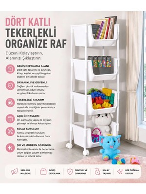 Myplas 4 Katlı Tekerlekli Organizer Raf Modern Portratif Kiler Düzenleyici Sepet,mutfak Rafı,oyuncak Dolabı
