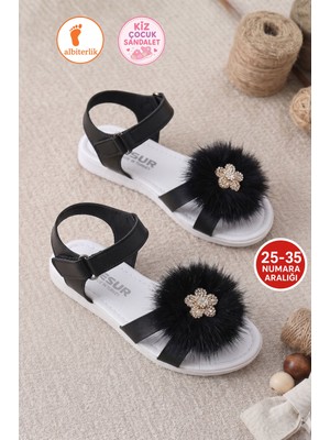 Albishoes Kız Çocuk Ponpon Püsküllü Taşlı Yazlık Cırtlı Kız Çocuk Sandalet Yumuşak Rahat Taban