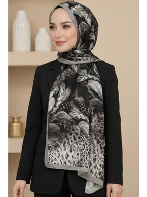 Hadiora Kadın Siyah Bej Leopar Desenli Bambu Crush Şal