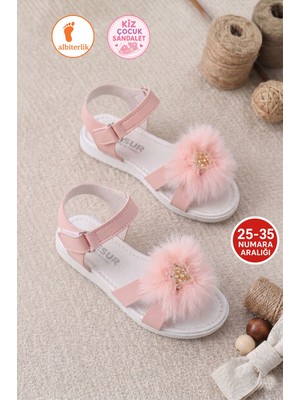 Albishoes Kız Çocuk Ponpon Püsküllü Taşlı Yazlık Cırtlı Kız Çocuk Sandalet Yumuşak Rahat Taban