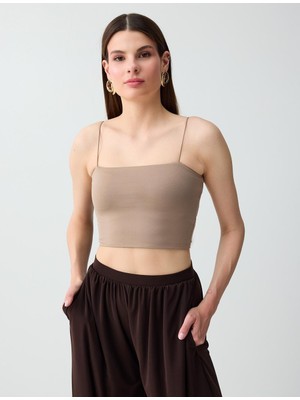 Jimmy Key Açık Kahverengi Dar Kesim Açık Yaka Kısa Örme Bralet