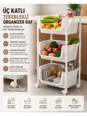 Myplas 3 Katlı Tekerlekli Organizer Raf Modern Portratif Kiler Düzenleyici Sepet,mutfak Rafı,oyuncak Dolabı