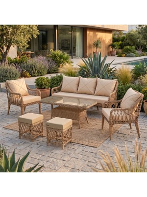 Canisa Tulipa Serisi 1.Sınıf 3+1+1 +2 Puf Cappucino Rattan, Cappucino Minder Bahçe Balkon Oturma Koltuk Takımı