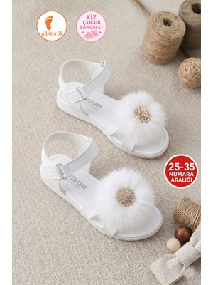 Albishoes Kız Çocuk Ponpon Püsküllü Taşlı Yazlık Cırtlı Kız Çocuk Sandalet Yumuşak Rahat Taban