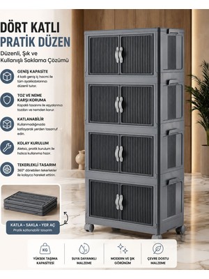 4'lü Portatif Organizer Tekerlekli Dolap Çok Amaçlı Mıknatıs Kapaklı Katlanır Istiflenebilir