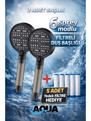 Aqua Sara 2 Adet 6 Fonksiyonlu Filtreli Duş Başlığı (5ADET Yedek Filtre)| Su Arıtmalı, Klor ve Kireç Önleyici, Yüksek Basınçlı