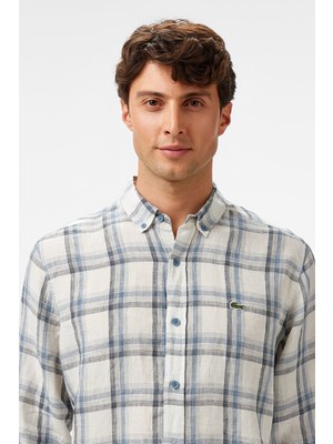 Lacoste Men's Regular Fit Dark Blue Linen Shirt Ekose Keten Erkek Gömlek Koyu Mavi