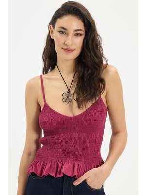 Tudors Kadın Slim Fit Dar Kesim %100 Pamuk Askılı  Büzgülü V Yaka Fuşya Bluz