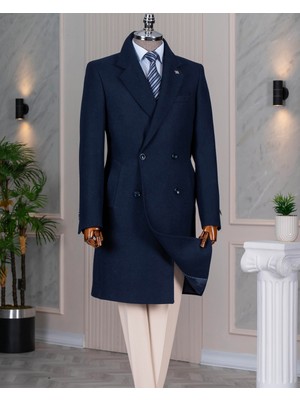 Italyan Stil Slim Fit Kruvaze Yün Karışımlı Kaşe Erkek Kaban Lacivert T14716