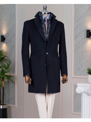 Italyan Stil Slim Fit Mono Yaka Yün Karışımlı Kaşe Erkek Kaban Lacivert T14688