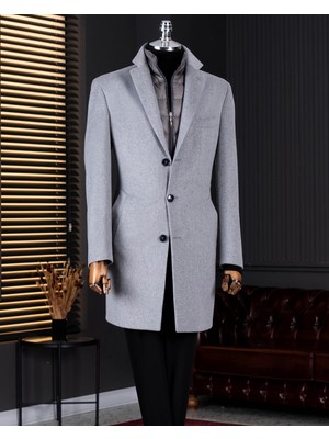 Italyan Stil Slim Fit Mono Yaka Yün Karışımlı Kaşe Erkek Kaban Gri T14687
