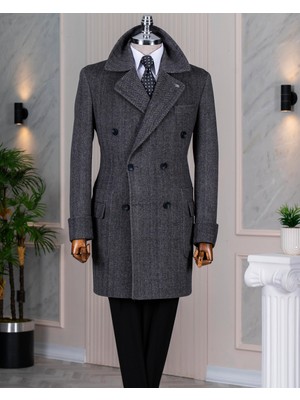 Italyan Stil Slim Fit Kruvaze Yün Karışımlı Kaşe Erkek Kaban Antrasit T14710