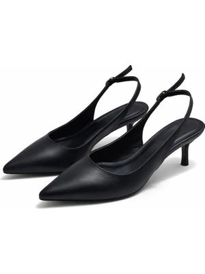Patron Shoes Hakiki Deri 4 cm Topuklu Sivri Burun Kadın Ayakkabı Ayarlanabilir Arka Bantlı Günlük ve Klasik