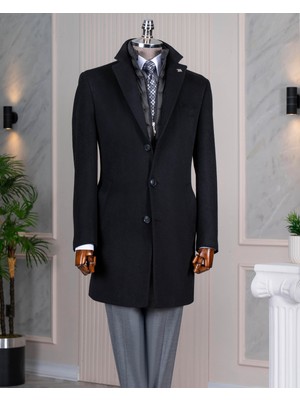 Italyan Stil Slim Fit Mono Yaka Yün Karışımlı Kaşe Erkek Kaban Siyah T14689