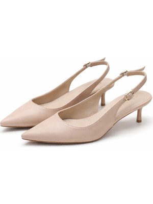 Patron Shoes Hakiki Deri 4 cm Topuklu Sivri Burun Kadın Ayakkabı Ayarlanabilir Arka Bantlı Günlük ve Klasik