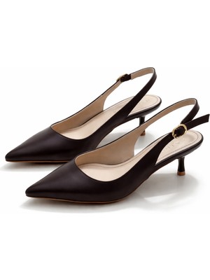 Patron Shoes Hakiki Deri 4 cm Topuklu Sivri Burun Kadın Ayakkabı Ayarlanabilir Arka Bantlı Günlük ve Klasik
