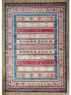 Pera Halı Lacivert ve Kırmızı Şeritli Geometrik Halı - Outlet - 11449OU