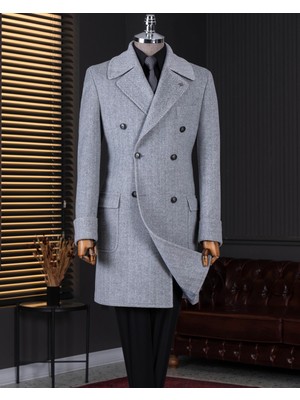 Italyan Stil Slim Fit Kruvaze Yün Karışımlı Kaşe Erkek Kaban Gri T14711