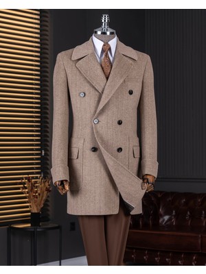 Italyan Stil Slim Fit Kruvaze Yün Karışımlı Kaşe Erkek Kaban Bej T14709