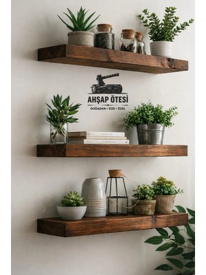 3’lü Doğal Ahşap Duvar Rafı Seti – 50/70 Cm, Gizli Askı Sistemli, Dekoratif