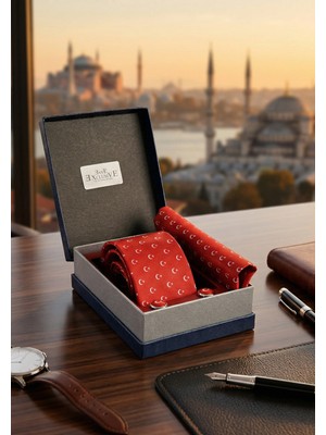Exve Exclusive Kırmızı Beyaz Ay Yıldız Türk Bayraklı Kravat Mendil ve Kol Düğmesi Seti Hediyelik Pu Deri Kutusunda