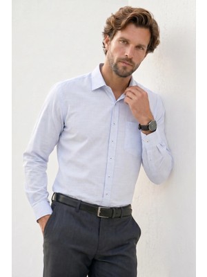Tudors Erkek Regular Fit Klasik Kesim Oversize %100 Pamuk Keten Doku Mavi Gömlek