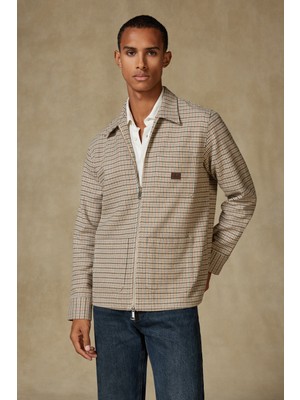 Abbate Monza Flanel Pamuklu Overshirt Fit Bej Klasik Yaka Erkek Desenli Gömlek Ceket