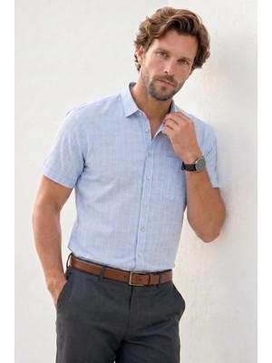Tudors Erkek Regular Fit Klasik Kesim Oversize %100 Pamuk Keten Doku Tek Cepli Çizgili Kısa Kollu Mavi Gömlek