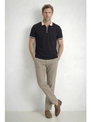 Tudors Erkek Slim Fit Dar Kesim %100 Pamuk Kısa Kollu Yarım Fermuarlı Siyah Polo Yaka Tişört
