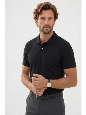 Tudors Erkek Slim Fit Dar Kesim %100 Mısır Pamuğu Yumuşak Dokulu Siyah Polo Yaka Erkek Tişört