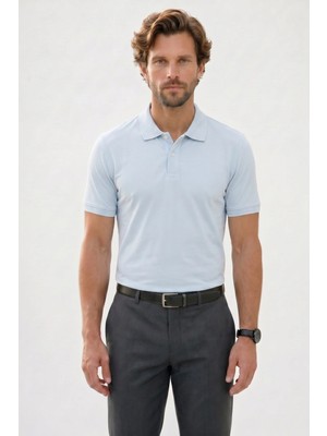 Tudors Erkek Slim Fit Dar Kesim %100 Mısır Pamuğu Yumuşak Dokulu Açık Mavi Polo Yaka Erkek Tişört 