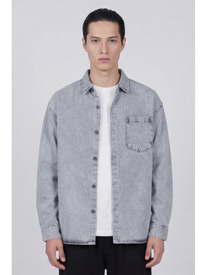 Sabri Özel Erkek Açık Gri Normal Kesim Regular Fit Pamuk Torba Cep Uzun Kollu Denim Ceket Gömlek