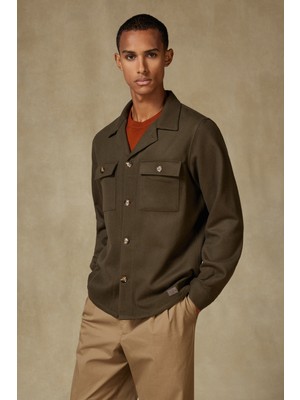 Abbate Lana Dokuma Yünlü Overshirt Fit Haki Apaş Yaka Erkek Düz Gömlek Ceket