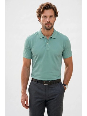 Tudors Erkek Slim Fit Dar Kesim %100 Mısır Pamuğu Yumuşak Dokulu Çağla Yeşili Polo Yaka Erkek Tişört 
