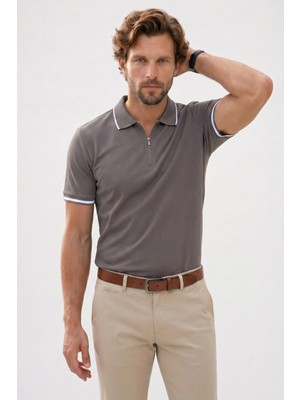 Tudors Erkek Slim Fit Dar Kesim %100 Pamuk Jakarlı Düz Yaka ve Kol Detaylı Gri Polo Yaka Tişört