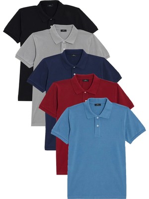 Tudors Erkek 5'li Paket Siyah-Gri-Lacivert-Mavi-Bordo Slim Fit Dar Kesim Pamuklu Düz Pike Polo Yaka Tişört