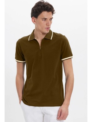 Tudors Erkek Slim Fit Dar Kesim %100 Pamuk Jakarlı Düz Yaka ve Kol Detaylı Kahverengi Polo Yaka Tişört