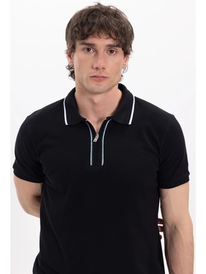 Tudors Erkek Slim Fit Dar Kesim %100 Pamuk Kısa Kollu Yarım Fermuarlı Siyah Polo Yaka Tişört