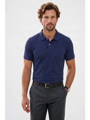 Tudors Erkek Slim Fit Dar Kesim %100 Mısır Pamuğu Yumuşak Dokulu Lacivert Polo Yaka Erkek Tişört 