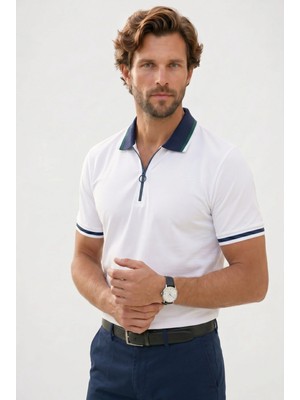 Tudors Erkek Slim Fit Dar Kesim %100 Pamuk Kısa Kollu Yarım Fermuarlı Beyaz Polo Yaka Tişört