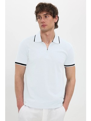 Tudors Erkek Slim Fit Dar Kesim %100 Pamuk Jakarlı Düz Yaka ve Kol Detaylı Beyaz Polo Yaka Tişört