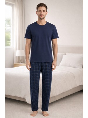 Koza İç Giyim Erkek Lacivert Kısa Kollu Ekose Desenli Pamuklu Pijama Takımı